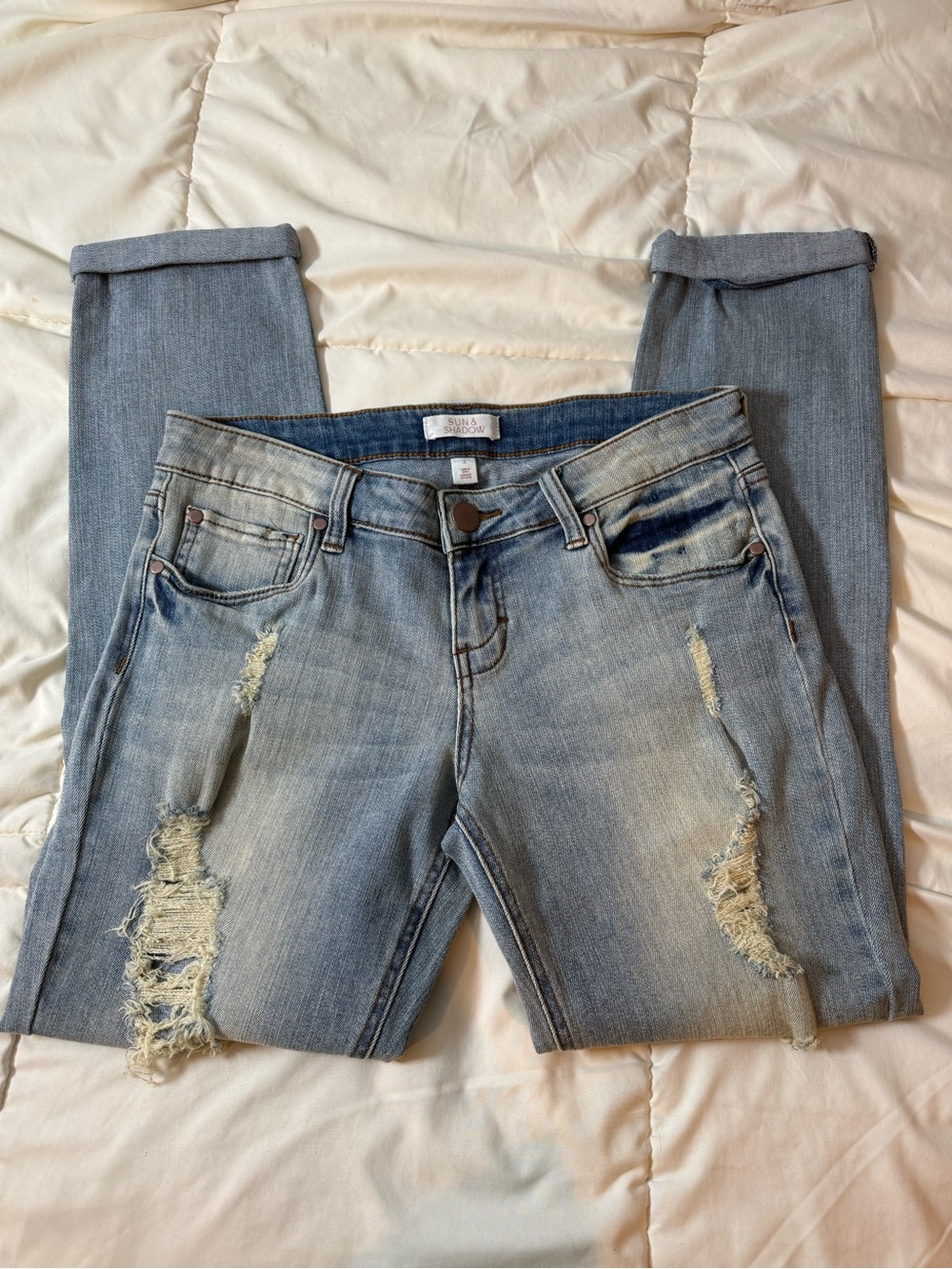 Sun & Shadow Low Rise Distressed Boyfriend Jeans